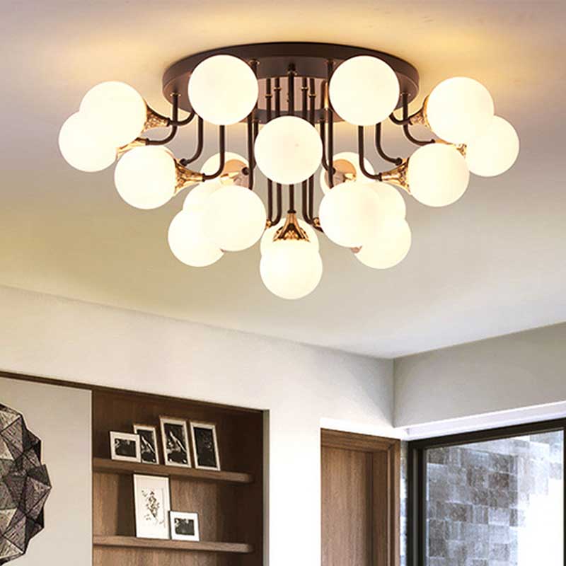 6/10/13 Lights Corridor Semi Flush Chandelier Milk White Glass Shaded Sphere Ceiling Mounted Light in Black 21 Black Clearhalo 'Ceiling Lights' 'Close To Ceiling Lights' 'Close to ceiling' 'Glass shade' 'Glass' 'Semi-flushmount' Lighting' 219037