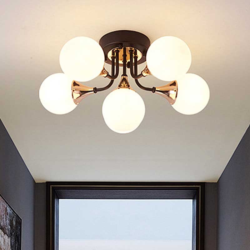 6/10/13 Lights Corridor Semi Flush Chandelier Milk White Glass Shaded Sphere Ceiling Mounted Light in Black 6 Black Clearhalo 'Ceiling Lights' 'Close To Ceiling Lights' 'Close to ceiling' 'Glass shade' 'Glass' 'Semi-flushmount' Lighting' 219042