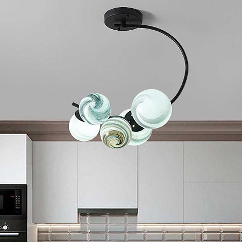 Ball Ceiling Lamp Modernism Hand Blown Glass 3/5 Lights Semi Flush Mount Lighting in Black/White Clearhalo 'Ceiling Lights' 'Chandeliers' 'Close To Ceiling Lights' 'Close to ceiling' 'Glass shade' 'Glass' 'Semi-flushmount' Lighting' 219064