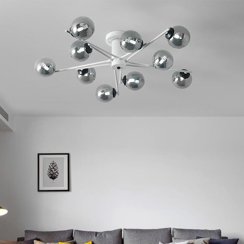 Sputnik Semi Flush Mount Postmodern Silver Glass 6/8/10 Lights White Living Room Flush Ceiling Light Fixture 10 White Clearhalo 'Ceiling Lights' 'Close To Ceiling Lights' 'Close to ceiling' 'Semi-flushmount' Lighting' 219068