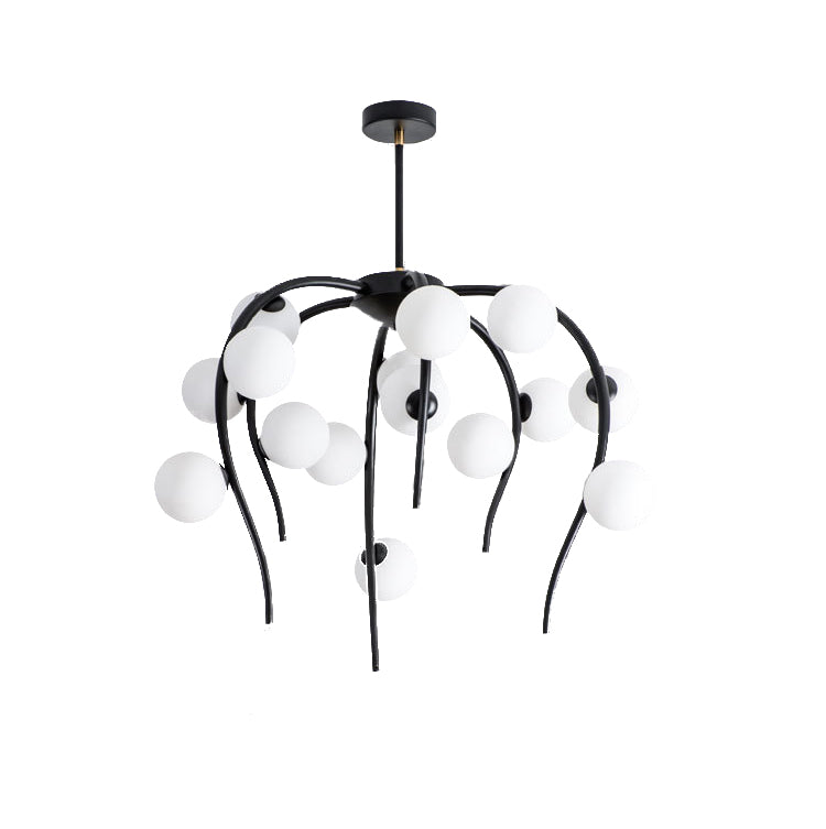 Branch Dining Room Chandelier Iron 15/20-Light Modern Hanging Lamp in Black/Gold with Matte White Balls Clearhalo 'Ceiling Lights' 'Chandeliers' 'Glass shade' 'Glass' 'Modern Chandeliers' 'Modern' Lighting' 219120