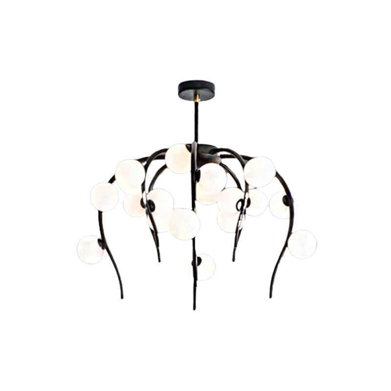 Branch Dining Room Chandelier Iron 15/20-Light Modern Hanging Lamp in Black/Gold with Matte White Balls Clearhalo 'Ceiling Lights' 'Chandeliers' 'Glass shade' 'Glass' 'Modern Chandeliers' 'Modern' Lighting' 219122