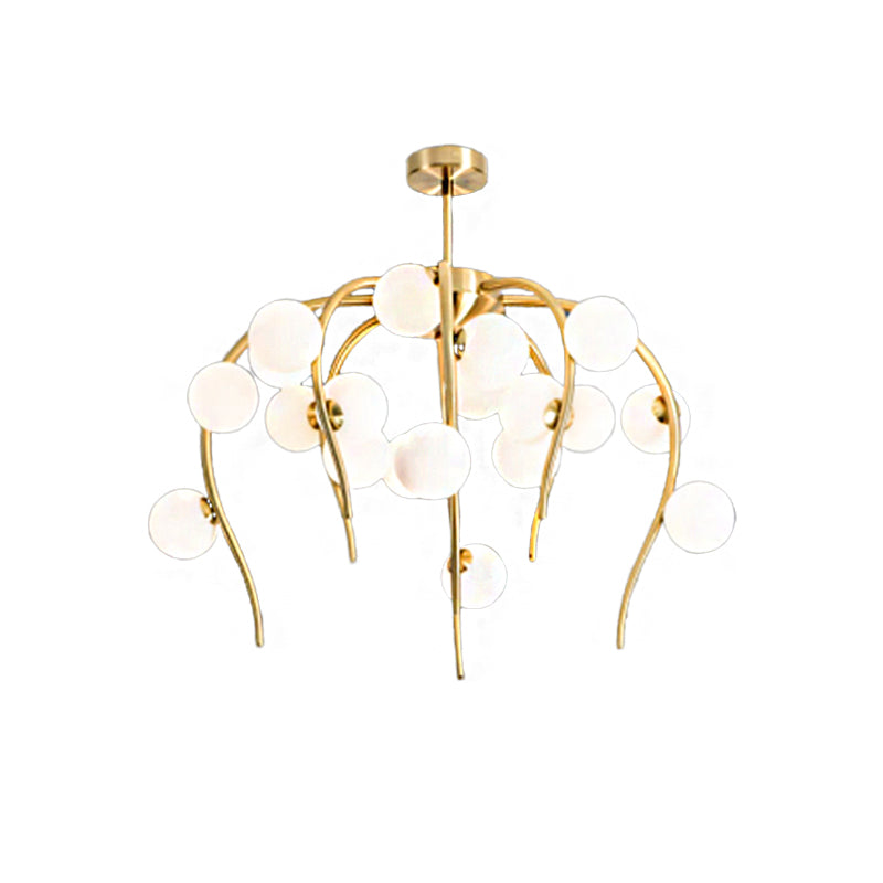 Branch Dining Room Chandelier Iron 15/20-Light Modern Hanging Lamp in Black/Gold with Matte White Balls Clearhalo 'Ceiling Lights' 'Chandeliers' 'Glass shade' 'Glass' 'Modern Chandeliers' 'Modern' Lighting' 219126