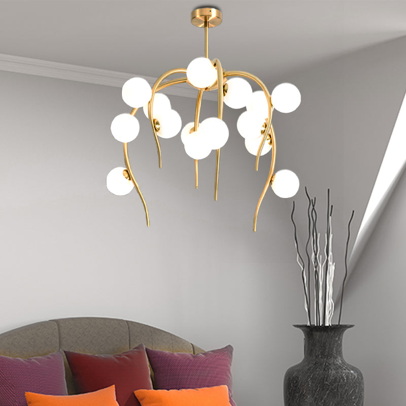 Branch Dining Room Chandelier Iron 15/20-Light Modern Hanging Lamp in Black/Gold with Matte White Balls Clearhalo 'Ceiling Lights' 'Chandeliers' 'Glass shade' 'Glass' 'Modern Chandeliers' 'Modern' Lighting' 219129