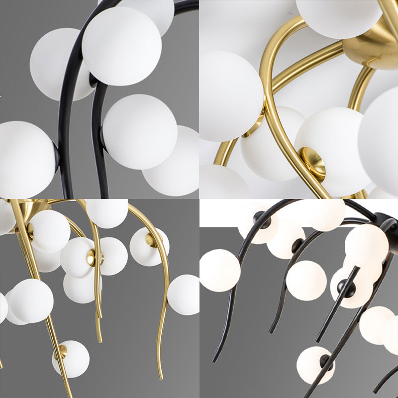 Branch Dining Room Chandelier Iron 15/20-Light Modern Hanging Lamp in Black/Gold with Matte White Balls Clearhalo 'Ceiling Lights' 'Chandeliers' 'Glass shade' 'Glass' 'Modern Chandeliers' 'Modern' Lighting' 219131