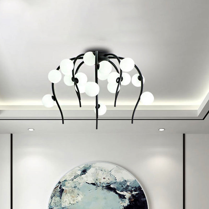 Branch Dining Room Chandelier Iron 15/20-Light Modern Hanging Lamp in Black/Gold with Matte White Balls Clearhalo 'Ceiling Lights' 'Chandeliers' 'Glass shade' 'Glass' 'Modern Chandeliers' 'Modern' Lighting' 219132