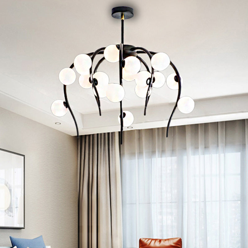 Branch Dining Room Chandelier Iron 15/20-Light Modern Hanging Lamp in Black/Gold with Matte White Balls 20 Black Clearhalo 'Ceiling Lights' 'Chandeliers' 'Glass shade' 'Glass' 'Modern Chandeliers' 'Modern' Lighting' 219133