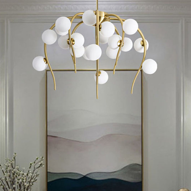 Branch Dining Room Chandelier Iron 15/20-Light Modern Hanging Lamp in Black/Gold with Matte White Balls 20 Gold Clearhalo 'Ceiling Lights' 'Chandeliers' 'Glass shade' 'Glass' 'Modern Chandeliers' 'Modern' Lighting' 219134