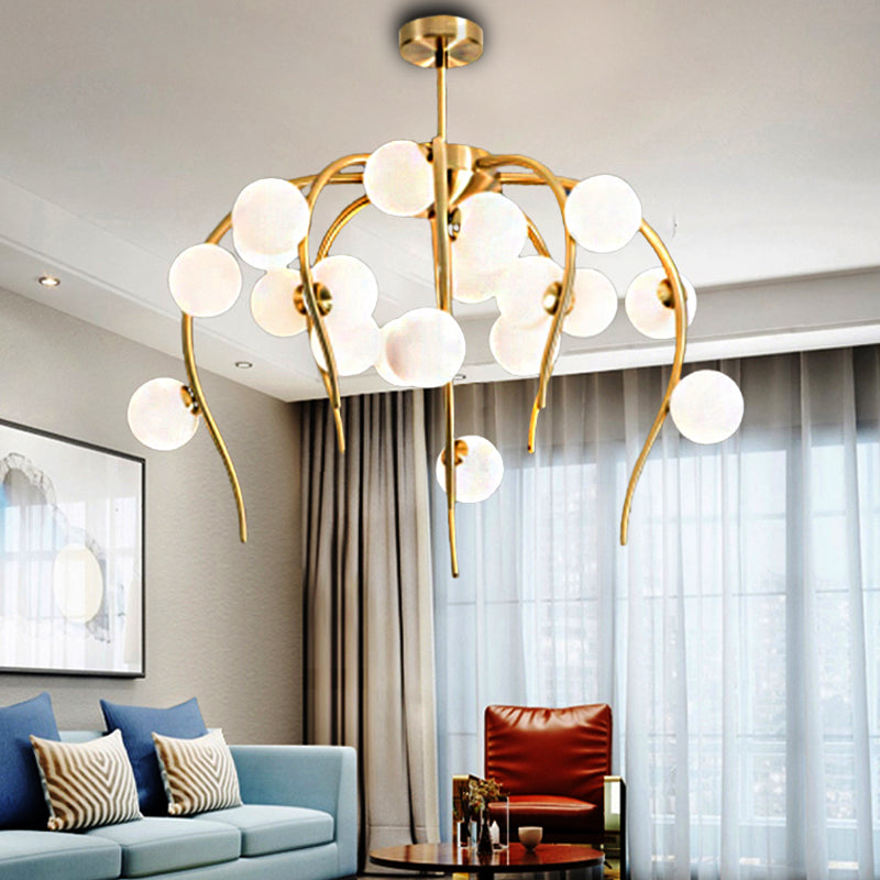 Branch Dining Room Chandelier Iron 15/20-Light Modern Hanging Lamp in Black/Gold with Matte White Balls Clearhalo 'Ceiling Lights' 'Chandeliers' 'Glass shade' 'Glass' 'Modern Chandeliers' 'Modern' Lighting' 219135