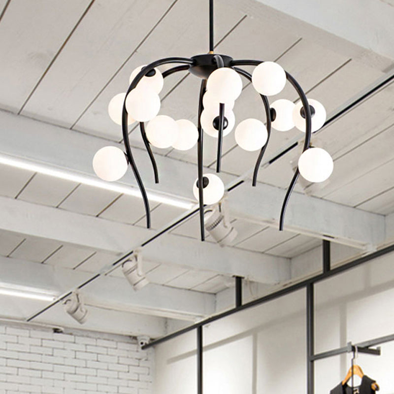 Branch Dining Room Chandelier Iron 15/20-Light Modern Hanging Lamp in Black/Gold with Matte White Balls 15 Black Clearhalo 'Ceiling Lights' 'Chandeliers' 'Glass shade' 'Glass' 'Modern Chandeliers' 'Modern' Lighting' 219136