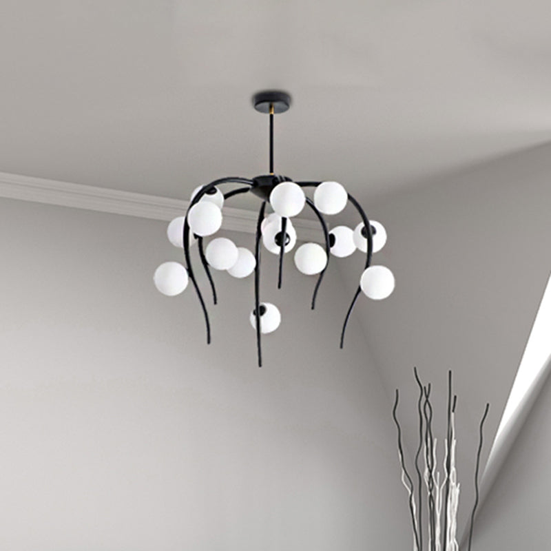 Branch Dining Room Chandelier Iron 15/20-Light Modern Hanging Lamp in Black/Gold with Matte White Balls Clearhalo 'Ceiling Lights' 'Chandeliers' 'Glass shade' 'Glass' 'Modern Chandeliers' 'Modern' Lighting' 219137