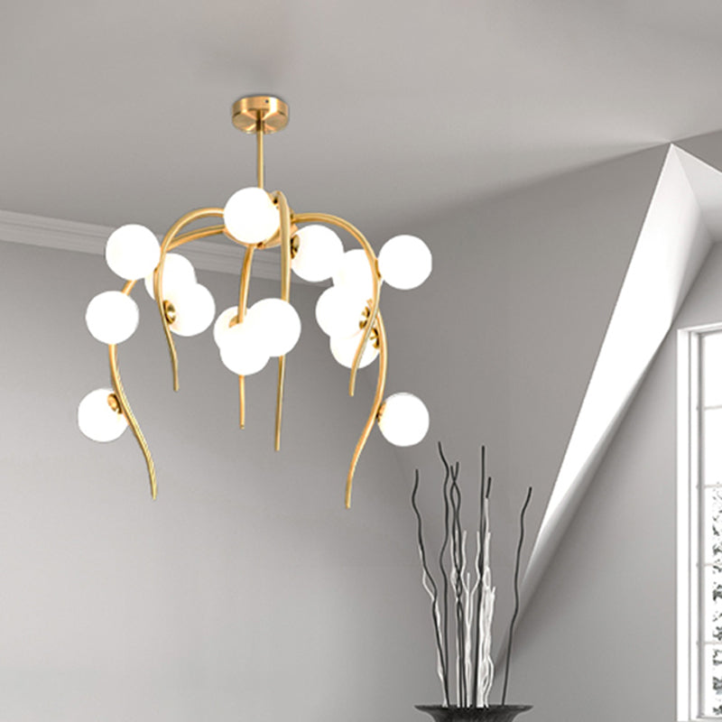 Branch Dining Room Chandelier Iron 15/20-Light Modern Hanging Lamp in Black/Gold with Matte White Balls 15 Gold Clearhalo 'Ceiling Lights' 'Chandeliers' 'Glass shade' 'Glass' 'Modern Chandeliers' 'Modern' Lighting' 219138