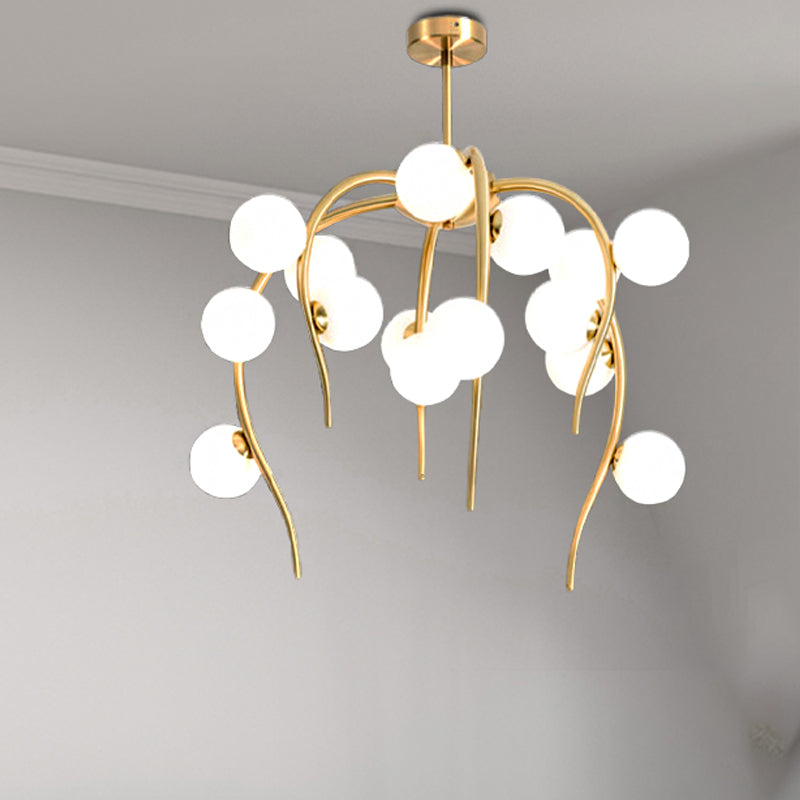 Branch Dining Room Chandelier Iron 15/20-Light Modern Hanging Lamp in Black/Gold with Matte White Balls Clearhalo 'Ceiling Lights' 'Chandeliers' 'Glass shade' 'Glass' 'Modern Chandeliers' 'Modern' Lighting' 219139