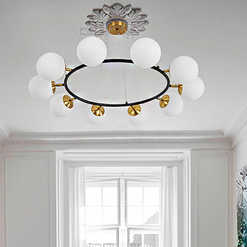 39" Wide Sphere Milk White Glass Chandelier Modern 10 Lights Black Ceiling Pendant White Clearhalo 'Ceiling Lights' 'Chandeliers' 'Modern Chandeliers' 'Modern' Lighting' 219174