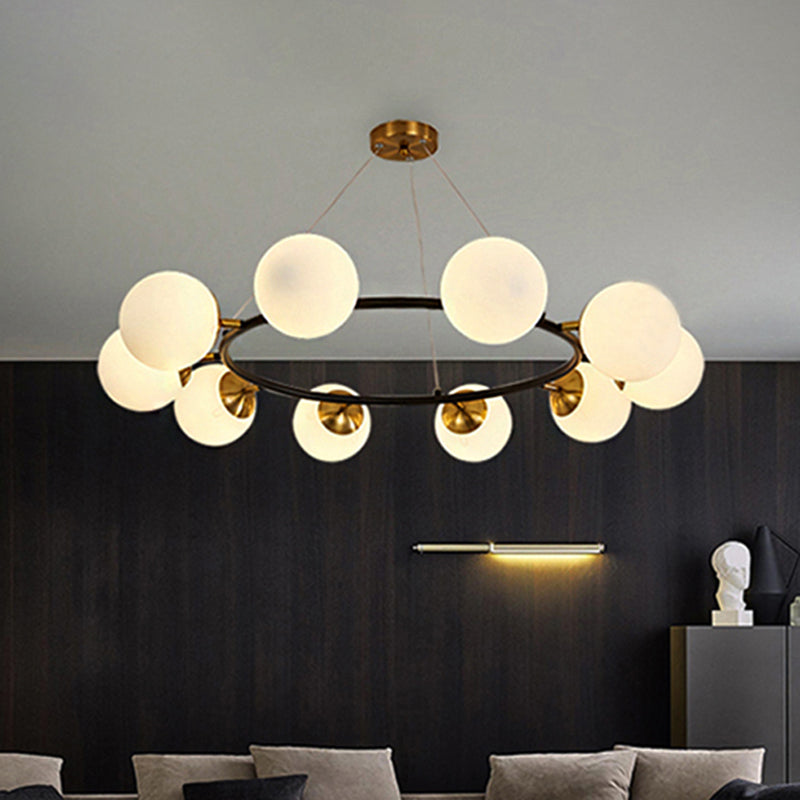 39" Wide Sphere Milk White Glass Chandelier Modern 10 Lights Black Ceiling Pendant Clearhalo 'Ceiling Lights' 'Chandeliers' 'Modern Chandeliers' 'Modern' Lighting' 219175