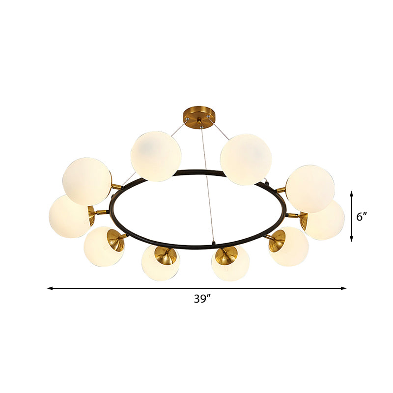 39" Wide Sphere Milk White Glass Chandelier Modern 10 Lights Black Ceiling Pendant Clearhalo 'Ceiling Lights' 'Chandeliers' 'Modern Chandeliers' 'Modern' Lighting' 219177