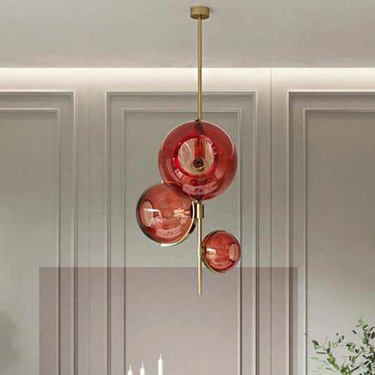 Contemporary Sphere Red Glass Chandelier 3-Head Dining Room Pendant Lighting Fixture Clearhalo 'Ceiling Lights' 'Chandeliers' 'Glass shade' 'Glass' 'Modern Chandeliers' 'Modern' Lighting' 219282