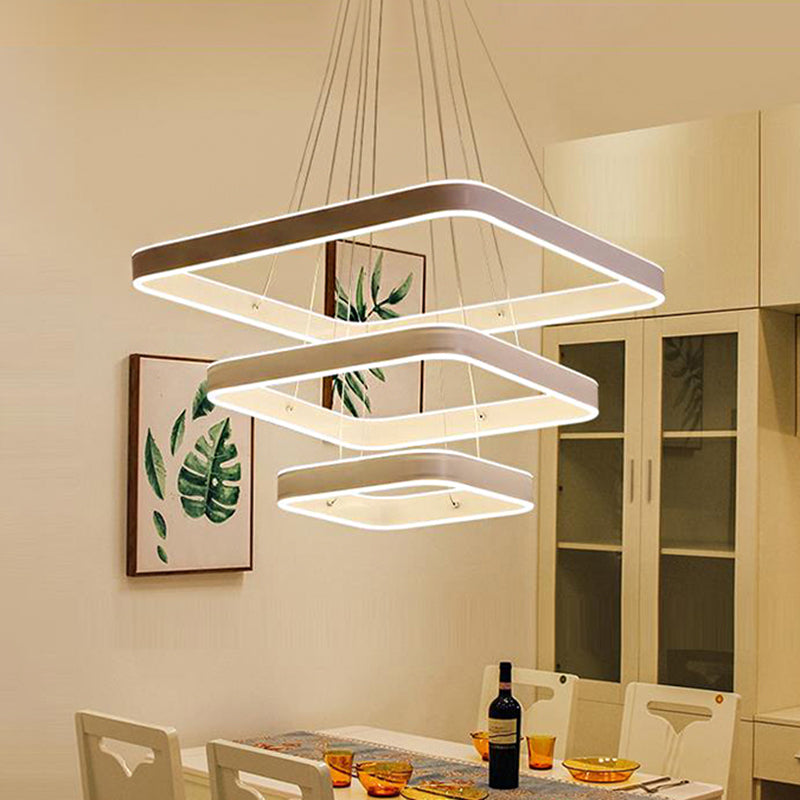 Modern LED Ceiling Chandelier White 3-Tiered Square Hanging Light Fixture in Warm/White/Natural Light White Clearhalo 'Ceiling Lights' 'Chandeliers' 'Modern Chandeliers' 'Modern' Lighting' 219359