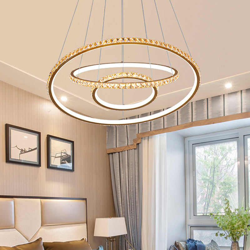 3-Ring LED Chandelier Light Modern Crystal Gold/Silver Ceiling Light Fixture, Inner Warm and Outer White/Inner White and Outer Warm Light Gold Clearhalo 'Ceiling Lights' 'Chandeliers' 'Modern Chandeliers' 'Modern' Lighting' 219424