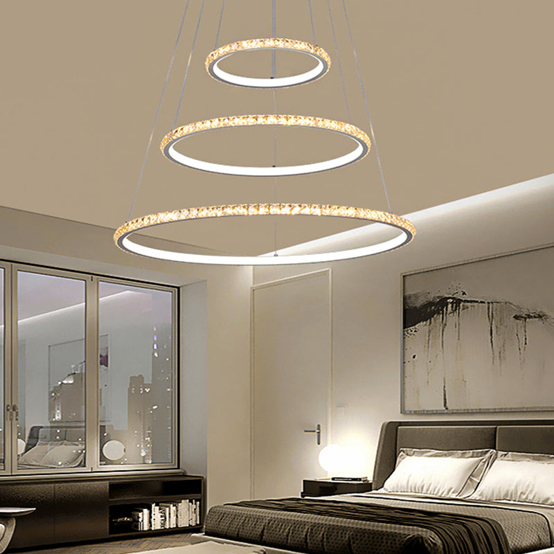 3-Ring LED Chandelier Light Modern Crystal Gold/Silver Ceiling Light Fixture, Inner Warm and Outer White/Inner White and Outer Warm Light Silver Clearhalo 'Ceiling Lights' 'Chandeliers' 'Modern Chandeliers' 'Modern' Lighting' 219425