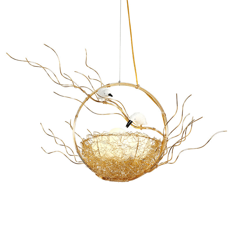 Artistry 3-Light Chandelier Pendant Golden Aluminum Basket Hanging Lamp with Birds and Matte White Glass Balls Clearhalo 'Ceiling Lights' 'Chandeliers' Lighting' options 219429