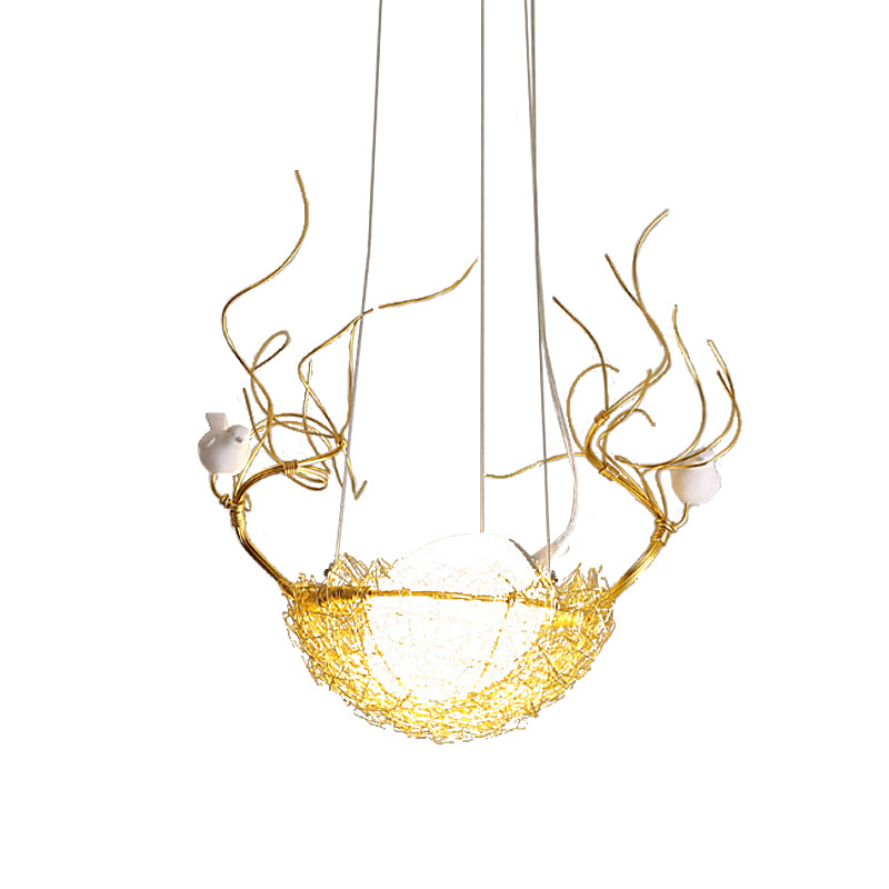 Egg Shaped Hanging Ceiling Pendant Art Deco Milk White Glass 1 Light Gold Chandelier with White Birds and Aluminum Bird Nest Clearhalo 'Ceiling Lights' 'Chandeliers' Lighting' options 219435