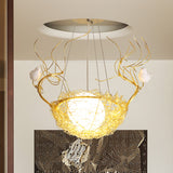 Egg Shaped Hanging Ceiling Pendant Art Deco Milk White Glass 1 Light Gold Chandelier with White Birds and Aluminum Bird Nest Clearhalo 'Ceiling Lights' 'Chandeliers' Lighting' options 219437