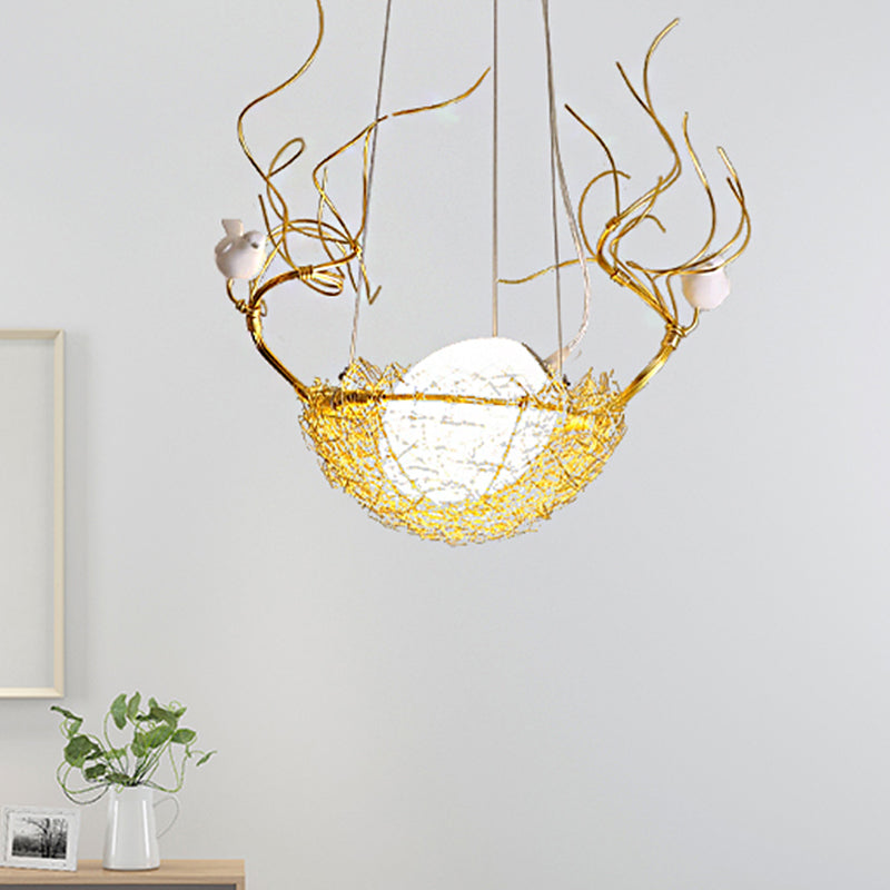 Egg Shaped Hanging Ceiling Pendant Art Deco Milk White Glass 1 Light Gold Chandelier with White Birds and Aluminum Bird Nest Clearhalo 'Ceiling Lights' 'Chandeliers' Lighting' options 219438