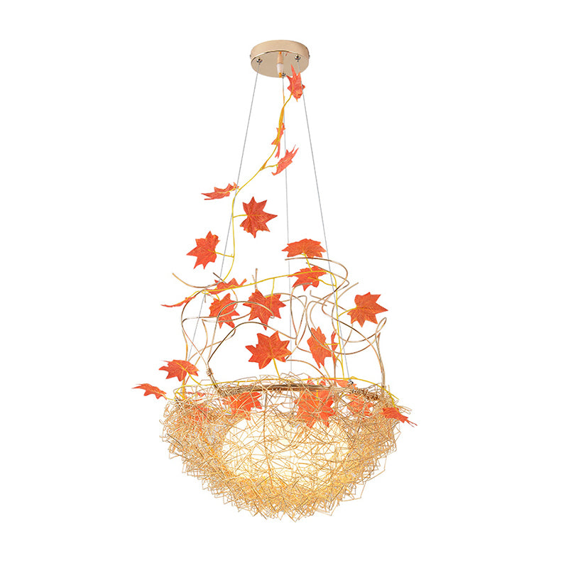 Egg-Like Chandelier Rustic 3 Lights Milk White Glass Hanging Ceiling Pendant with Gold Nest and Maple Leaves Clearhalo 'Ceiling Lights' 'Chandeliers' Lighting' options 219441