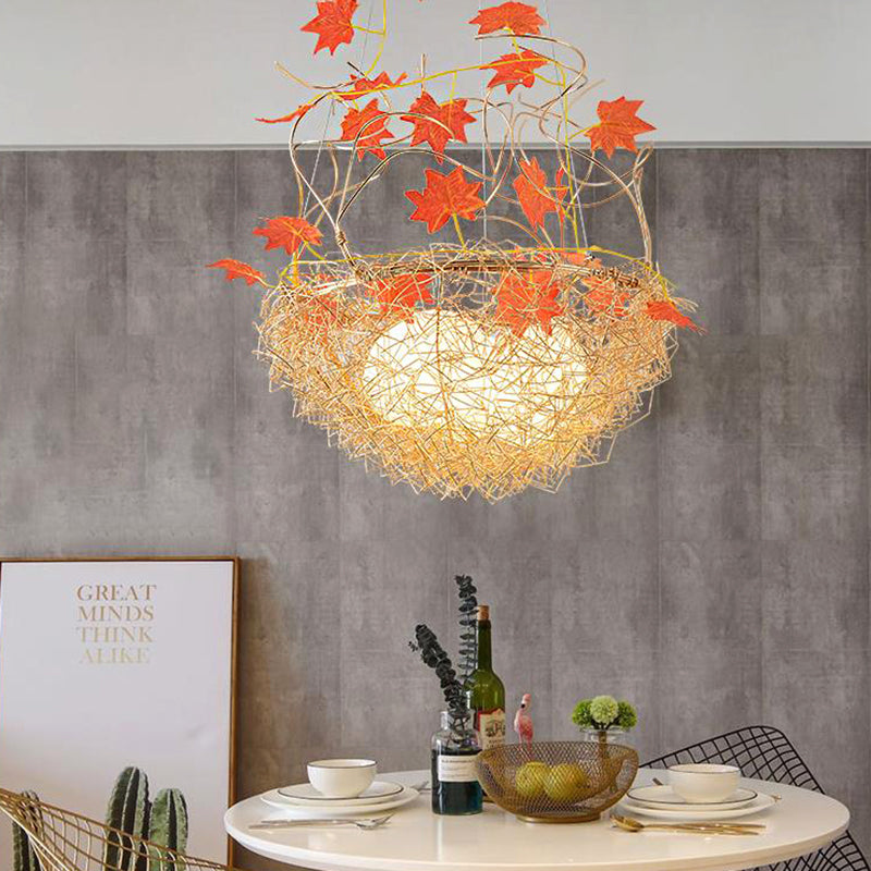 Egg-Like Chandelier Rustic 3 Lights Milk White Glass Hanging Ceiling Pendant with Gold Nest and Maple Leaves Clearhalo 'Ceiling Lights' 'Chandeliers' Lighting' options 219443