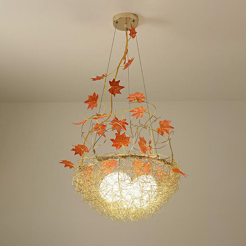 Egg-Like Chandelier Rustic 3 Lights Milk White Glass Hanging Ceiling Pendant with Gold Nest and Maple Leaves Clearhalo 'Ceiling Lights' 'Chandeliers' Lighting' options 219444