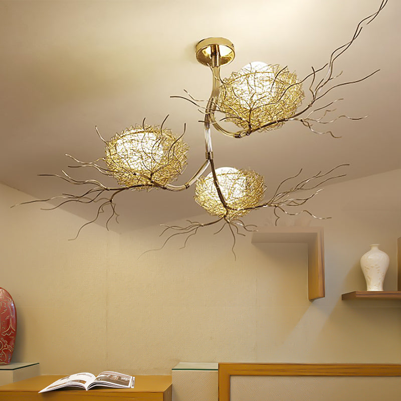 3 Lights Study Room Ceiling Chandelier Gold Hanging Lamp Kit with Egg White Glass Shade and Aluminum Bird Nest Clearhalo 'Ceiling Lights' 'Chandeliers' Lighting' options 219479