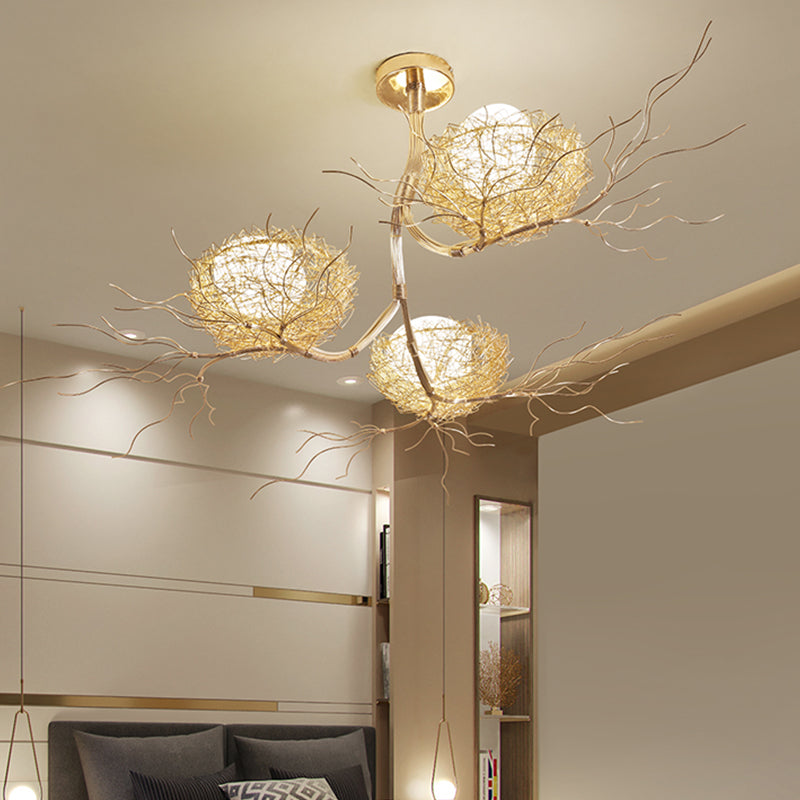 3 Lights Study Room Ceiling Chandelier Gold Hanging Lamp Kit with Egg White Glass Shade and Aluminum Bird Nest Clearhalo 'Ceiling Lights' 'Chandeliers' Lighting' options 219480