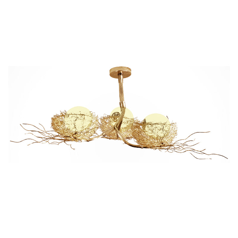 3 Lights Study Room Ceiling Chandelier Gold Hanging Lamp Kit with Egg White Glass Shade and Aluminum Bird Nest Clearhalo 'Ceiling Lights' 'Chandeliers' Lighting' options 219481