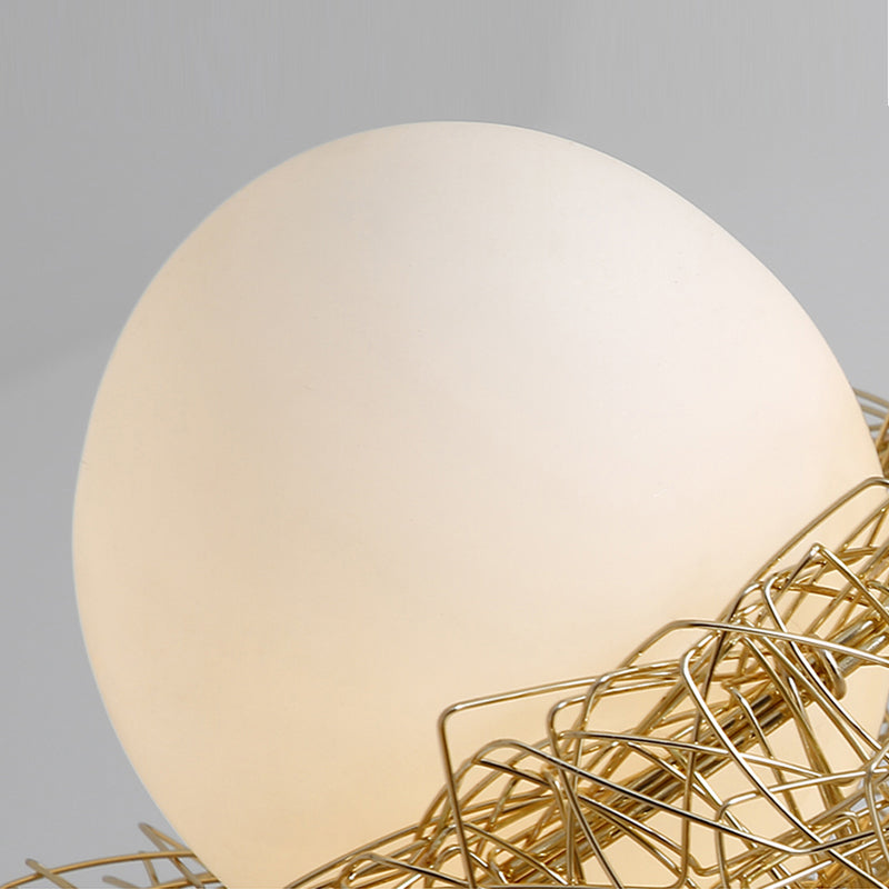 3 Lights Study Room Ceiling Chandelier Gold Hanging Lamp Kit with Egg White Glass Shade and Aluminum Bird Nest Clearhalo 'Ceiling Lights' 'Chandeliers' Lighting' options 219483