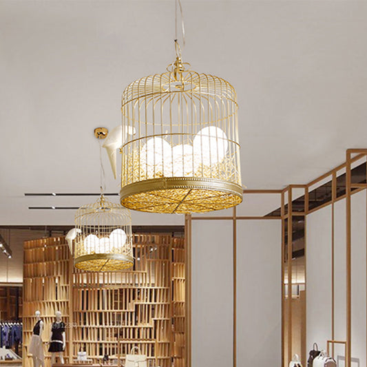 Matte White Glass Egg Shaped Chandelier Rustic 3 Lights Hanging Light Fixture with Bird and Birdcage Brass Clearhalo 'Ceiling Lights' 'Chandeliers' 'Modern Chandeliers' 'Modern' Lighting' 219484