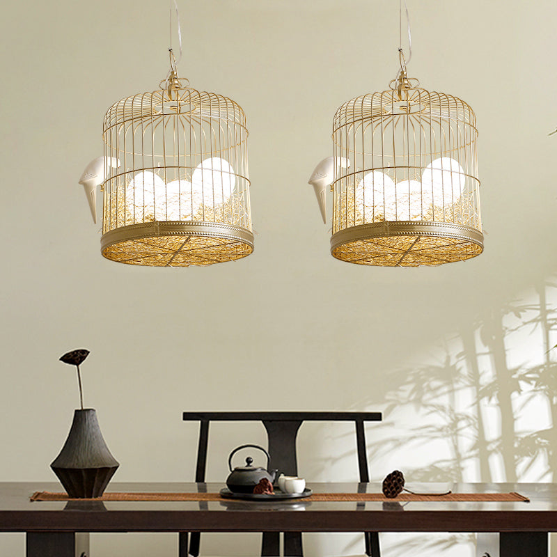 Matte White Glass Egg Shaped Chandelier Rustic 3 Lights Hanging Light Fixture with Bird and Birdcage Clearhalo 'Ceiling Lights' 'Chandeliers' 'Modern Chandeliers' 'Modern' Lighting' 219485