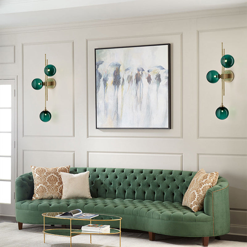 Green/Clear Glass Globe Wall Sconce Lamp Contemporary 3 Lights Wall Light Fixture in Brass Green Clearhalo 'Cast Iron' 'Glass' 'Industrial' 'Modern wall lights' 'Modern' 'Tiffany' 'Traditional wall lights' 'Wall Lamps & Sconces' 'Wall Lights' Lighting' 219639