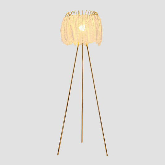 Nordic Style Tripod Floor Lamp Metal Single-Bulb Living Room Standing Lighting with Feather Shade in White Clearhalo 'Floor Lamps' 'Lamps' Lighting' 2196957