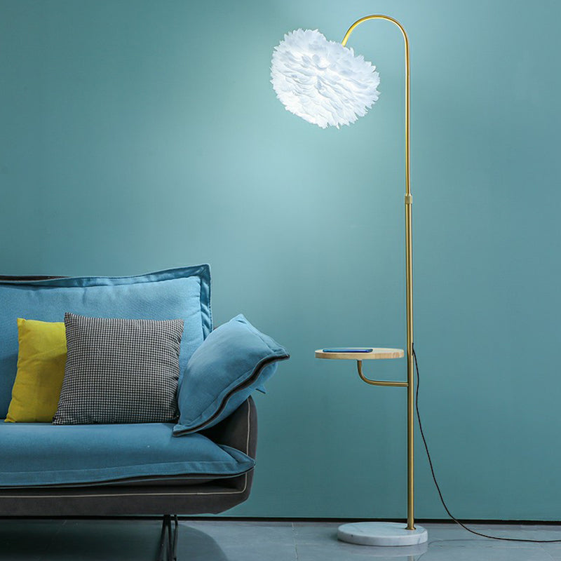 Hemispherical Living Room Floor Lamp Feather Single-Bulb Minimalist Standing Lighting with Tray Gold Clearhalo 'Floor Lamps' 'Lamps' Lighting' 2197000