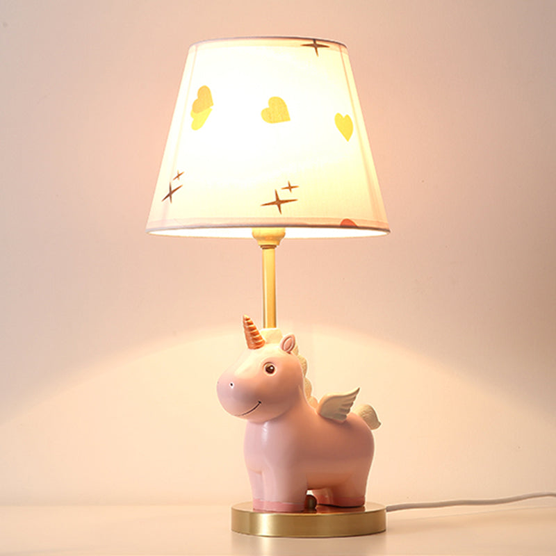 Bucket Table Lighting Kids Patterned Fabric 1-Light Nursery Nightstand Lamp with Resin Unicorn Pink Clearhalo 'Lamps' 'Table Lamps' Lighting' 2197055