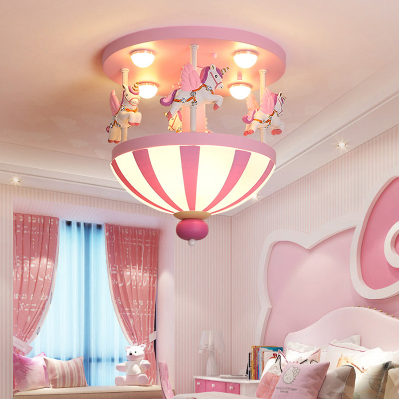 Merry-Go-Round Child Room Ceiling Light Resin 4 Heads Semi Flush Light Fixture with Unicorn Decor Pink Clearhalo 'Ceiling Lights' 'Close To Ceiling Lights' 'Close to ceiling' 'Semi-flushmount' Lighting' 2197140