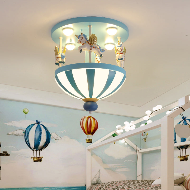 Merry-Go-Round Child Room Ceiling Light Resin 4 Heads Semi Flush Light Fixture with Unicorn Decor Blue Clearhalo 'Ceiling Lights' 'Close To Ceiling Lights' 'Close to ceiling' 'Semi-flushmount' Lighting' 2197146