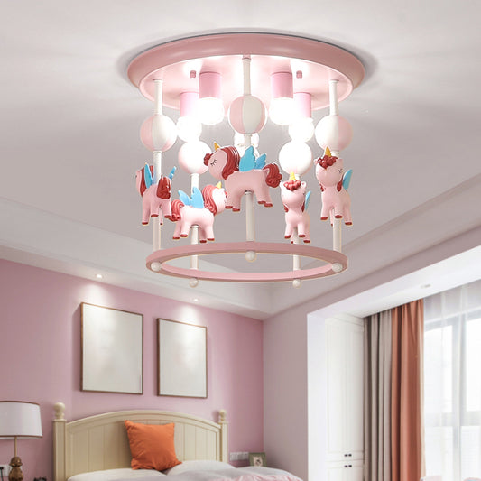 Cartoon Merry-Go-Round Semi Flush Resin 6 Heads Bedroom Flush Ceiling Light Fixture Pink A Clearhalo 'Ceiling Lights' 'Close To Ceiling Lights' 'Close to ceiling' 'Semi-flushmount' Lighting' 2197153