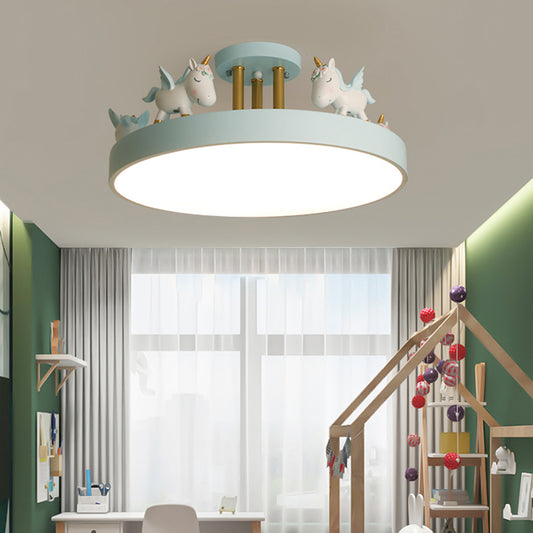 Round LED Semi Flush Mount Kids Style Acrylic Nursery Ceiling Mounted Light with Resin Unicorn Light Blue Metal Clearhalo 'Ceiling Lights' 'Close To Ceiling Lights' 'Close to ceiling' 'Semi-flushmount' Lighting' 2197164