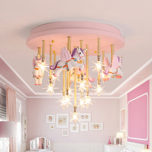 Star Ceiling Light Cartoon Clear Glass 13 Heads Kindergarten Semi Flush Light Fixture with Resin Unicorn Pink A Clearhalo 'Ceiling Lights' 'Close To Ceiling Lights' 'Close to ceiling' 'Semi-flushmount' Lighting' 2197179