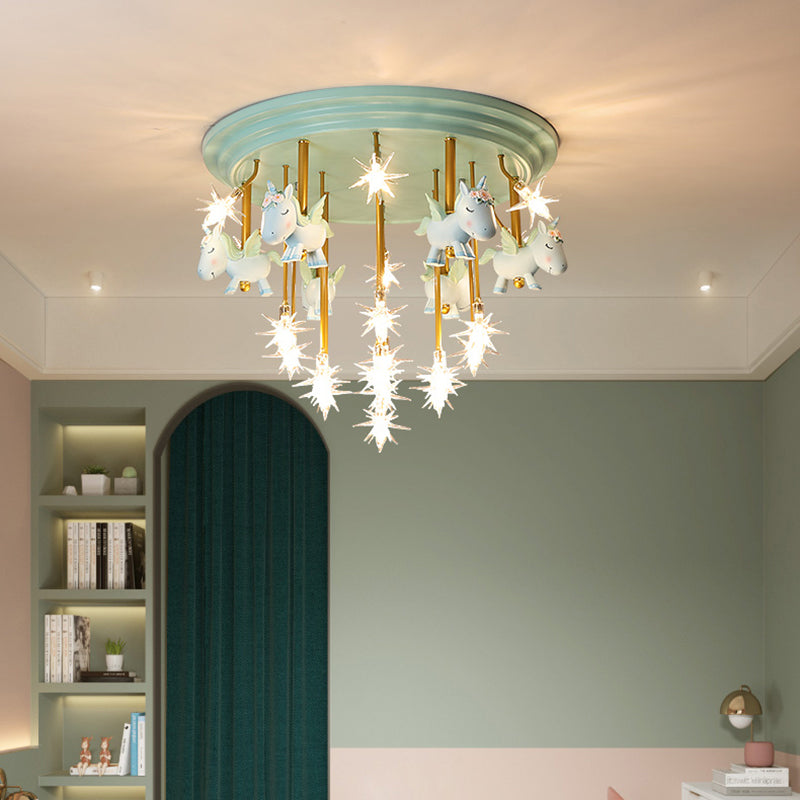 Resin Unicorn LED Semi Flush Nursery Flush Ceiling Light Fixture with Clear Glass Shade 19 Green Clearhalo 'Ceiling Lights' 'Close To Ceiling Lights' 'Close to ceiling' 'Semi-flushmount' Lighting' 2197187