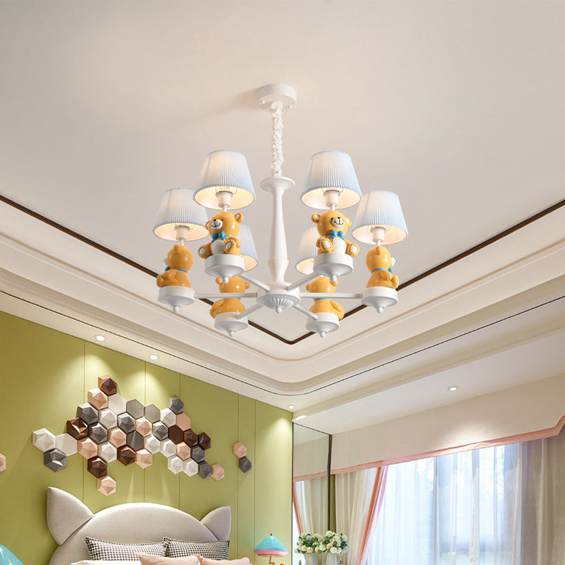 Bucket Chandelier Lighting Kids Pleated Fabric Child Room Pendant Light with Decorative Bear in White 6 White Clearhalo 'Ceiling Lights' 'Chandeliers' Lighting' options 2197246_3d56f4d1-a203-446b-b357-9fa7abc7e84d