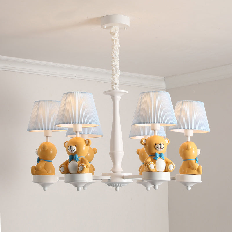 Bucket Chandelier Lighting Kids Pleated Fabric Child Room Pendant Light with Decorative Bear in White Clearhalo 'Ceiling Lights' 'Chandeliers' Lighting' options 2197248