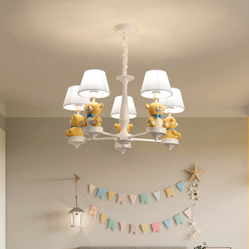 Bucket Chandelier Lighting Kids Pleated Fabric Child Room Pendant Light with Decorative Bear in White Clearhalo 'Ceiling Lights' 'Chandeliers' Lighting' options 2197251